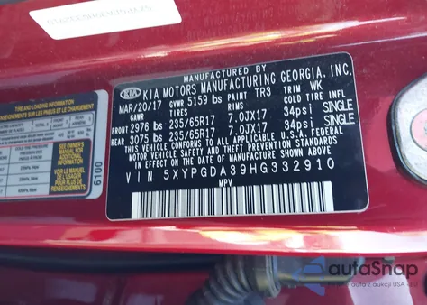 2017 Kia Sorento 2.4L Lx z USA, uszkodzony, nr VIN 5XYPGDA39HG332910